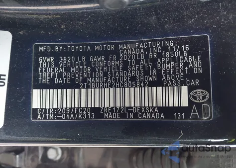 2017 Toyota Corolla Se из США, поврежденный, VIN 2T1BURHE2HC805842